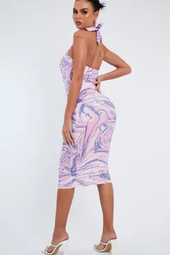 Rebellious Fashion Purple Marble Print Slinky Halterneck Midi Dress - Margi