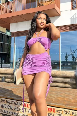 Rebellious Fashion Purple Ruched Cut Out Ring Detail Midi Dress - Tulip