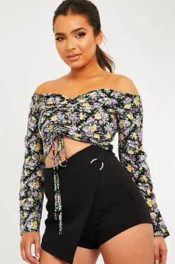 Rebellious Fashion Purple Floral Ruched Centre Bardot Crop Top - Heily