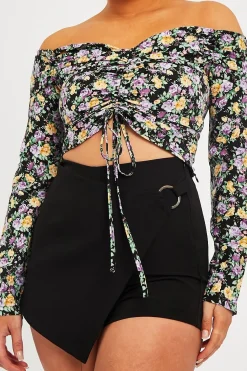 Rebellious Fashion Purple Floral Ruched Centre Bardot Crop Top - Heily