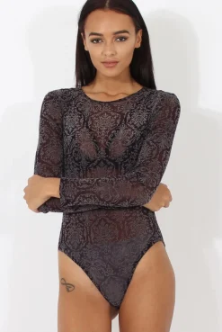 Rebellious Fashion Purple Folk Print Sheer Bodysuit - Frances