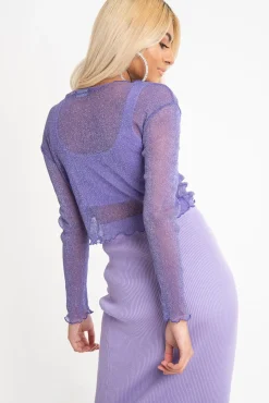 Rebellious Fashion Purple Glitter Mesh Crop Top - Novali