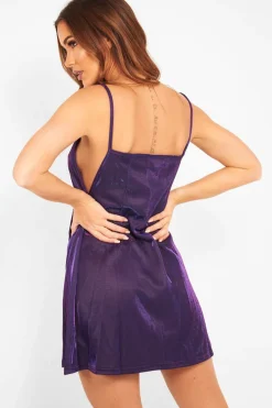 Rebellious Fashion Purple Metallic Shimmer Mini Dress - Alda