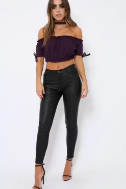Rebellious Fashion Purple Ruched Bardot Gypsy Crop Top - Janette