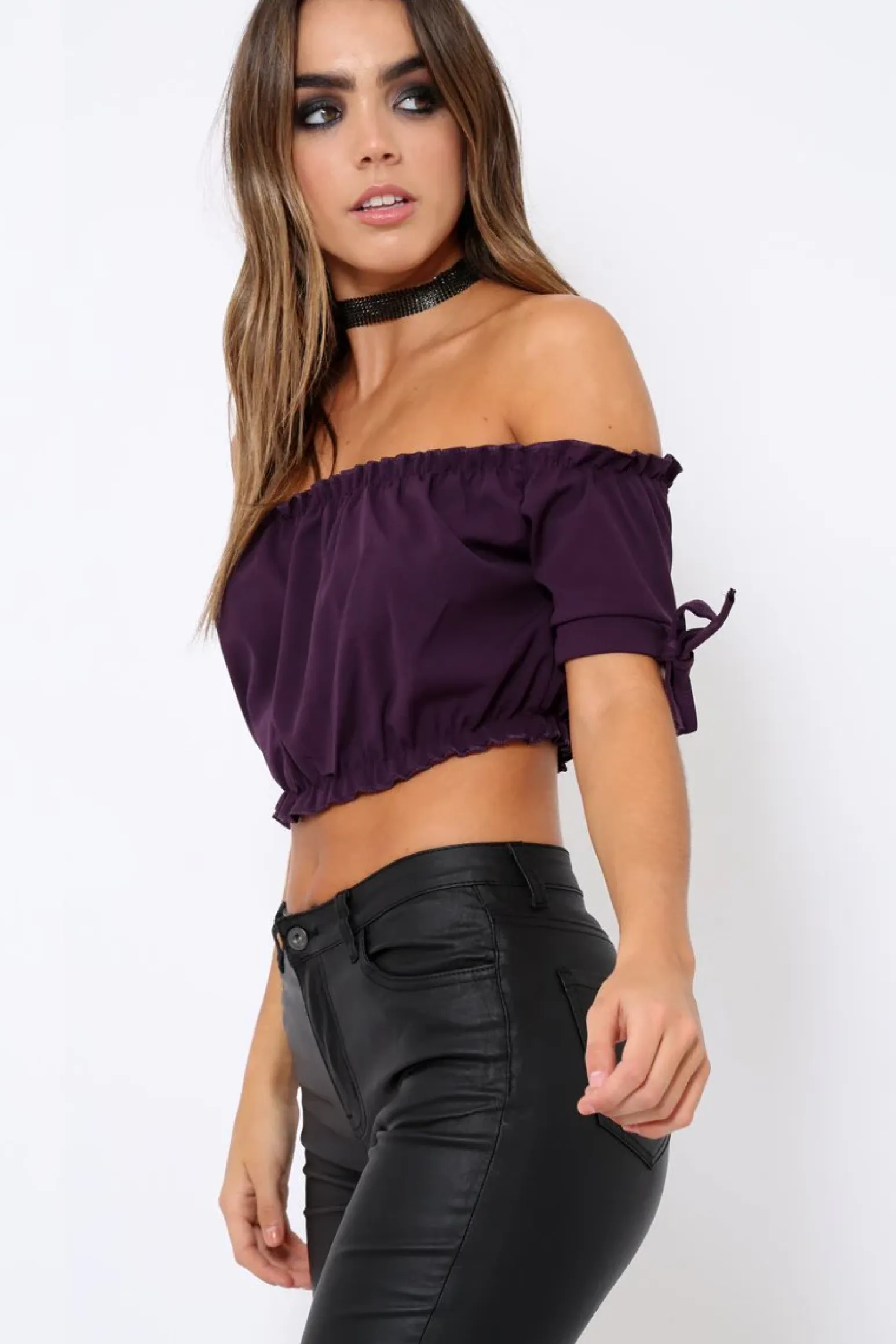 Rebellious Fashion Purple Ruched Bardot Gypsy Crop Top - Janette