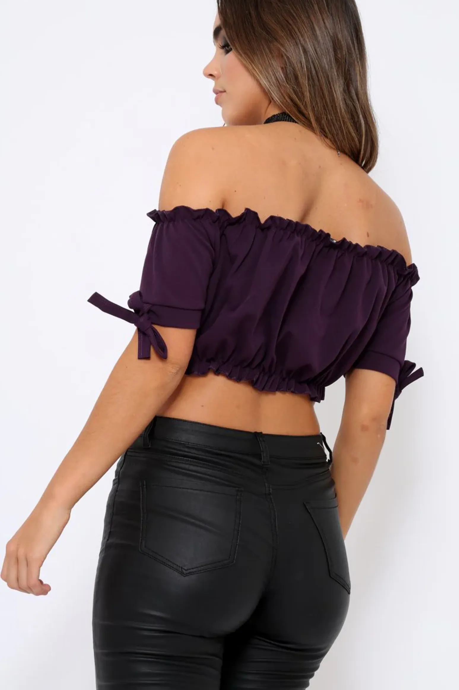Rebellious Fashion Purple Ruched Bardot Gypsy Crop Top - Janette