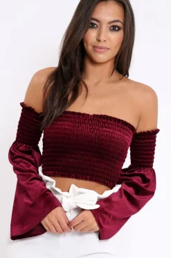 Rebellious Fashion Purple Velvet Bardot Shirred Crop Top with Flared Sleeves - Shera