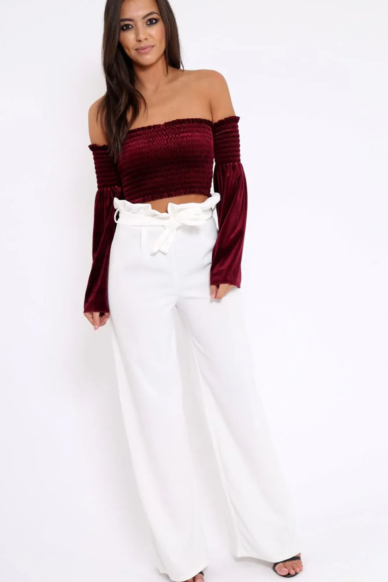 Rebellious Fashion Purple Velvet Bardot Shirred Crop Top with Flared Sleeves - Shera
