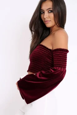 Rebellious Fashion Purple Velvet Bardot Shirred Crop Top with Flared Sleeves - Shera