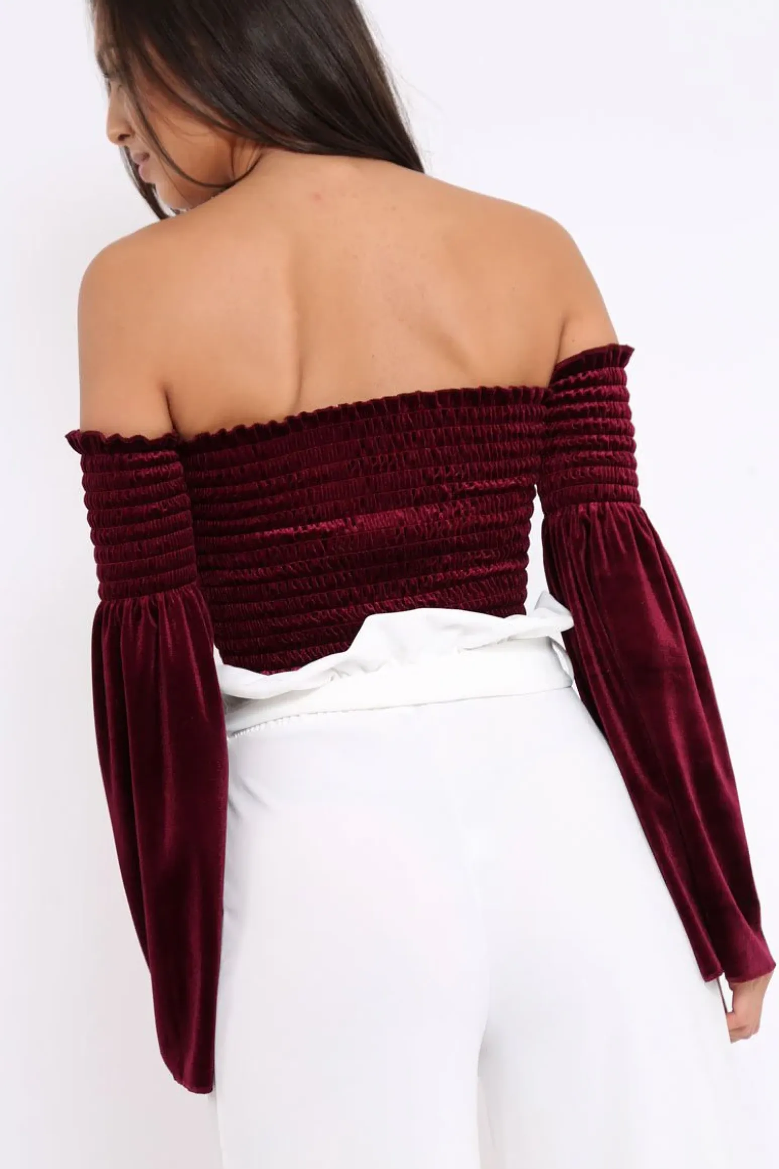 Rebellious Fashion Purple Velvet Bardot Shirred Crop Top with Flared Sleeves - Shera