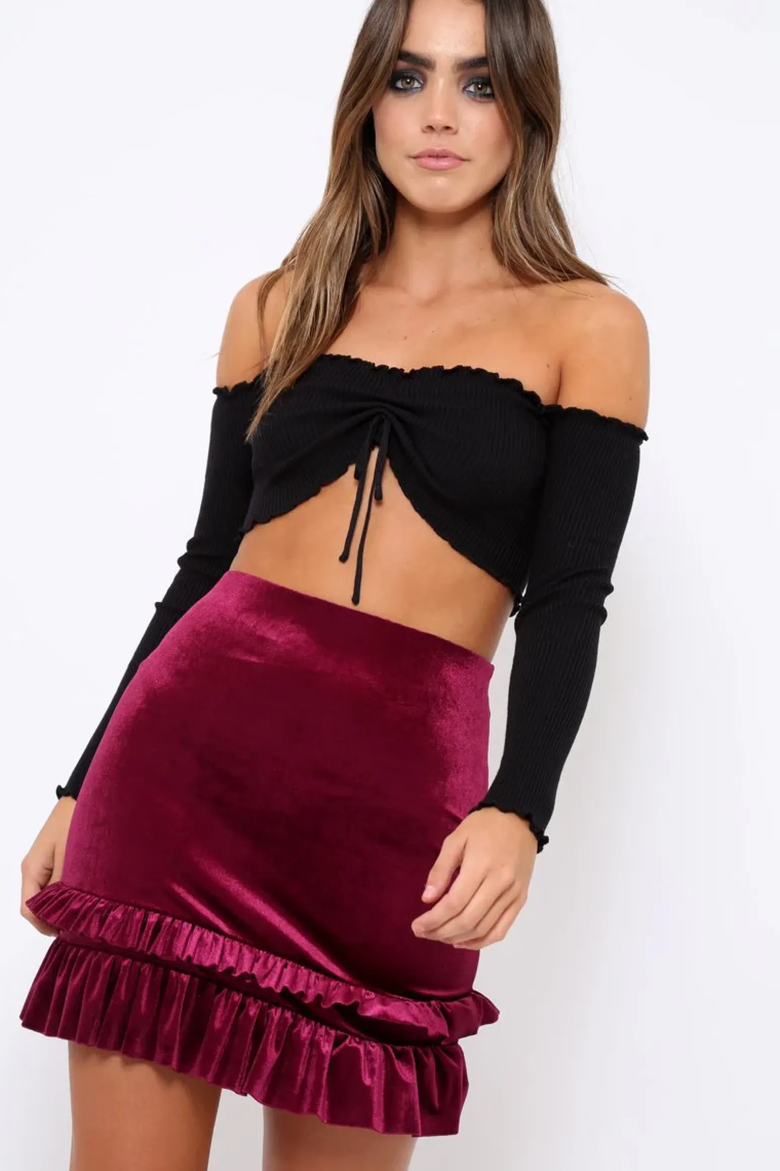 Rebellious Fashion Purple Velvet Frill Hem Mini Skirt - Vicky