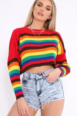Rebellious Fashion Rainbow Long Sleeve Cropped Knitted Jumper - Miley