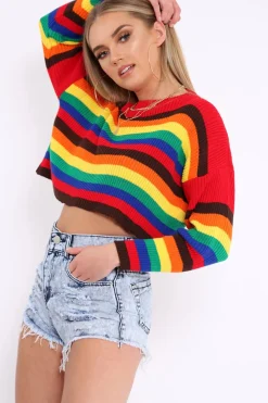 Rebellious Fashion Rainbow Long Sleeve Cropped Knitted Jumper - Miley