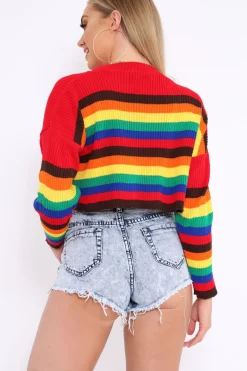 Rebellious Fashion Rainbow Long Sleeve Cropped Knitted Jumper - Miley