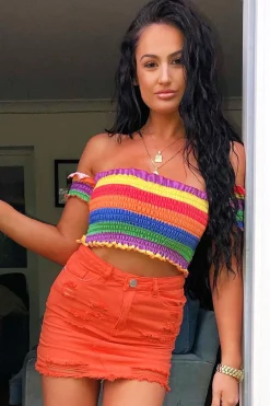 Rebellious Fashion Rainbow Stripe Bardot Frill Shirred Crop Top - Marieta