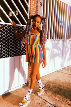 Rebellious Fashion Rainbow Stripe Cami Strap Playsuit - Jeanna