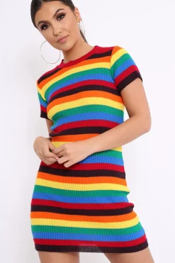 Rebellious Fashion Rainbow Stripe Crew Neck Knitted Dress - Coleen