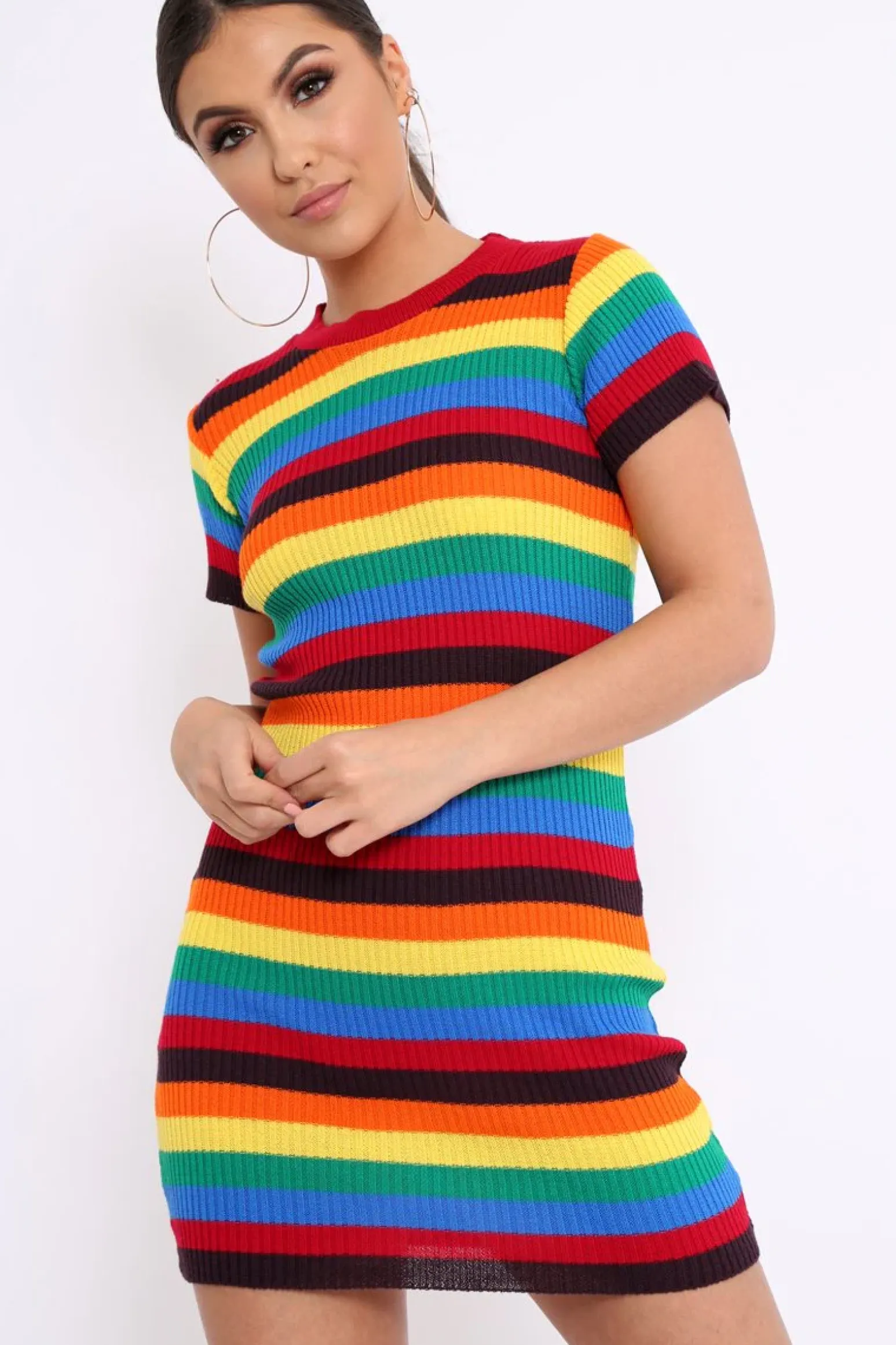 Rebellious Fashion Rainbow Stripe Crew Neck Knitted Dress - Coleen