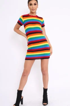 Rebellious Fashion Rainbow Stripe Crew Neck Knitted Dress - Coleen
