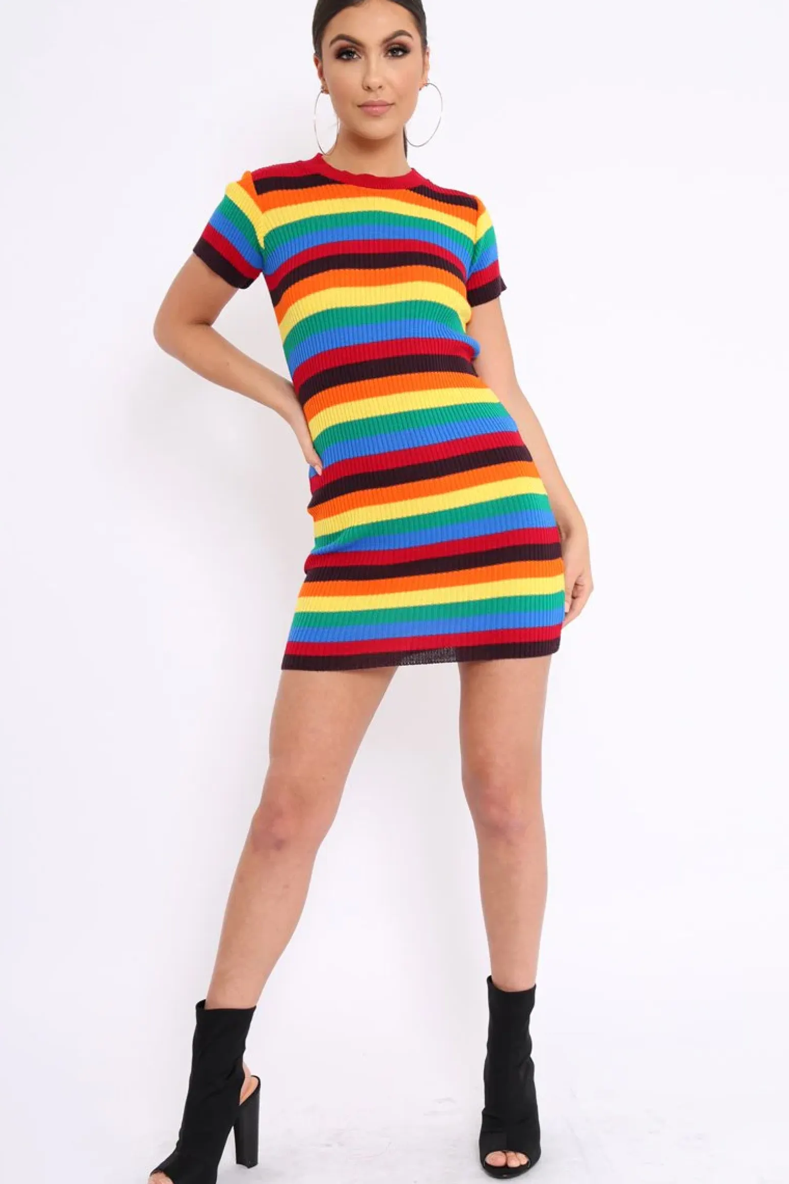 Rebellious Fashion Rainbow Stripe Crew Neck Knitted Dress - Coleen