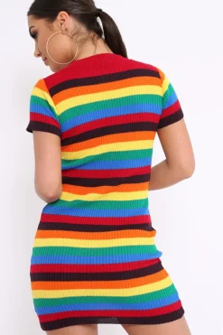 Rebellious Fashion Rainbow Stripe Crew Neck Knitted Dress - Coleen