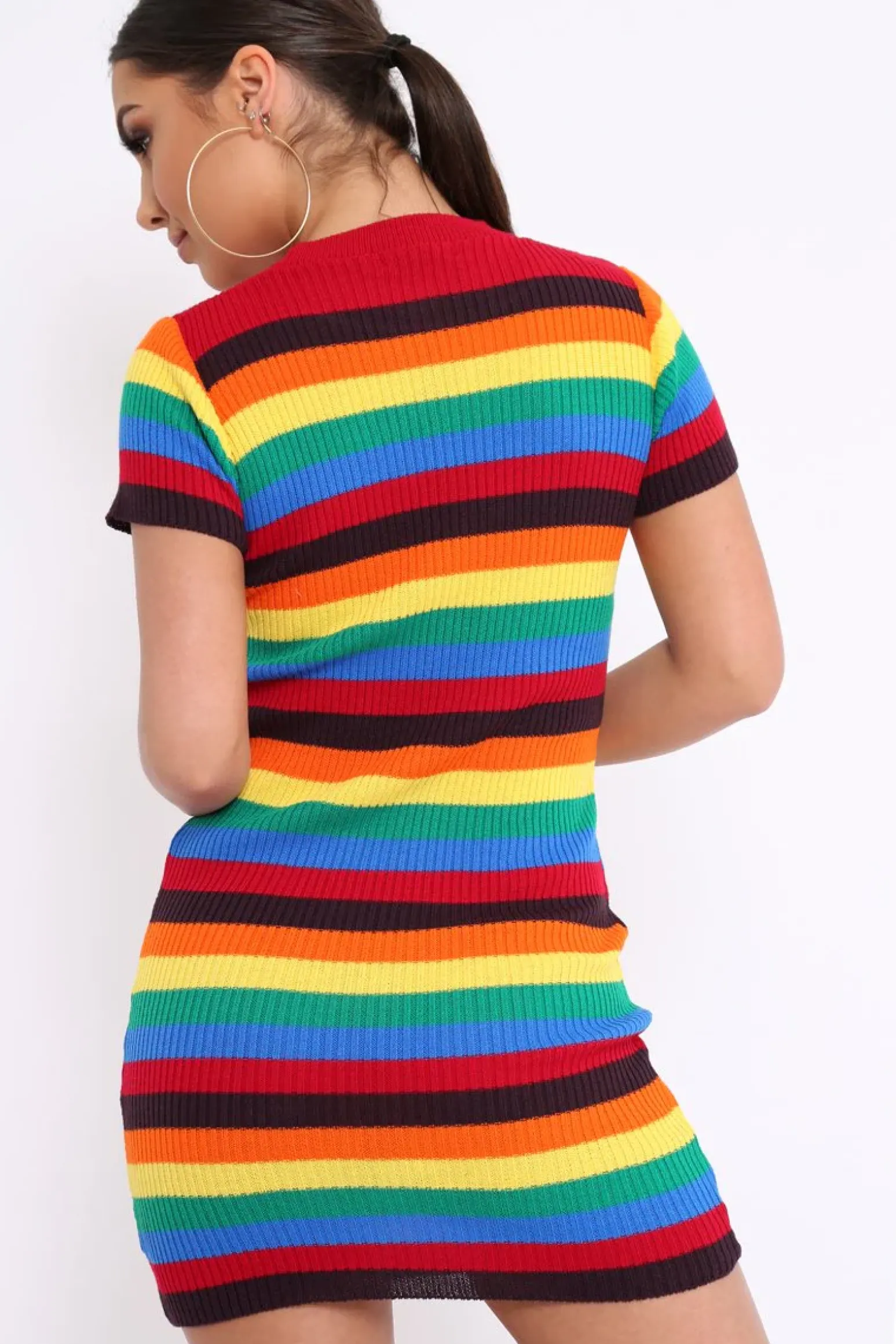 Rebellious Fashion Rainbow Stripe Crew Neck Knitted Dress - Coleen