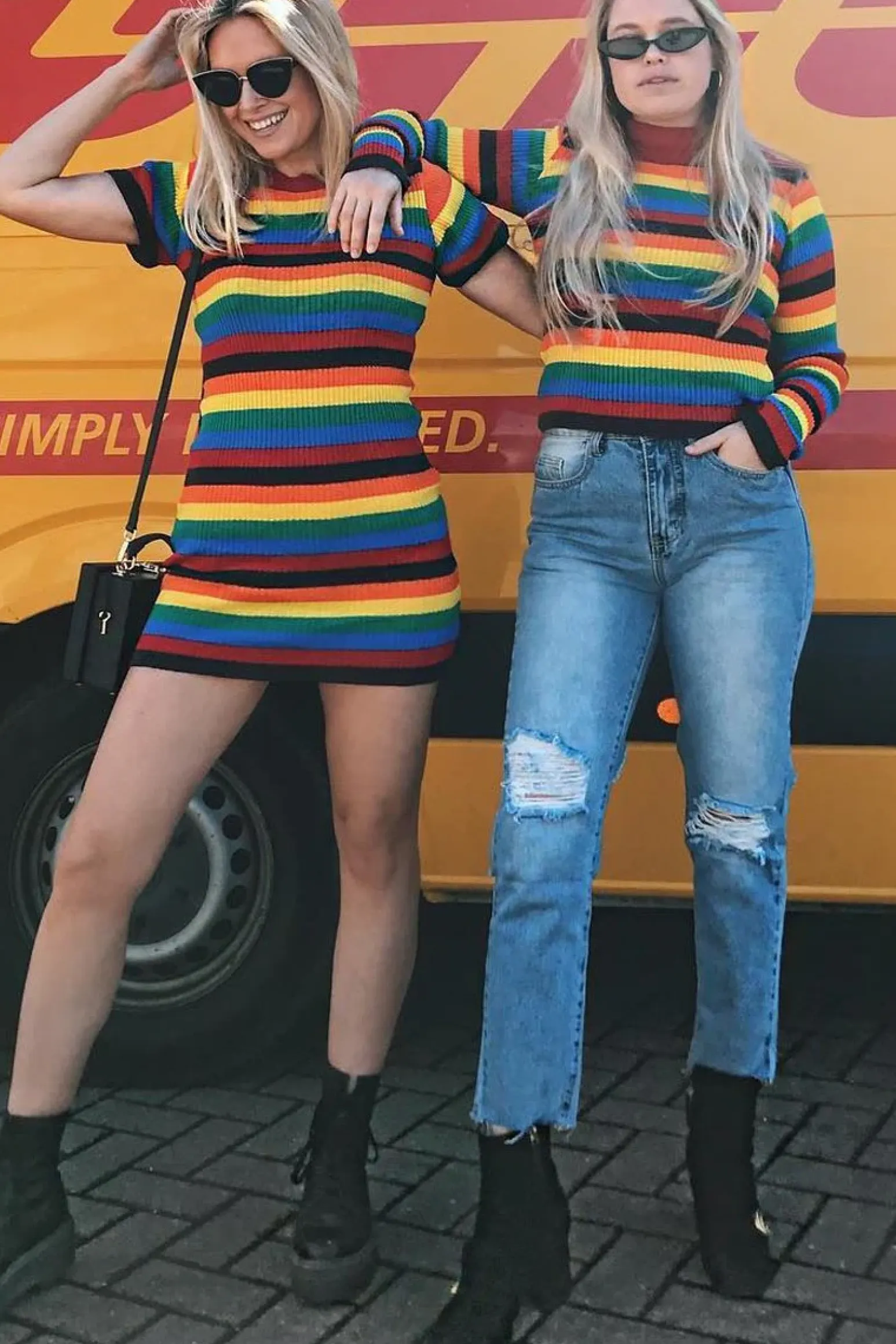 Rebellious Fashion Rainbow Stripe Crew Neck Knitted Dress - Coleen