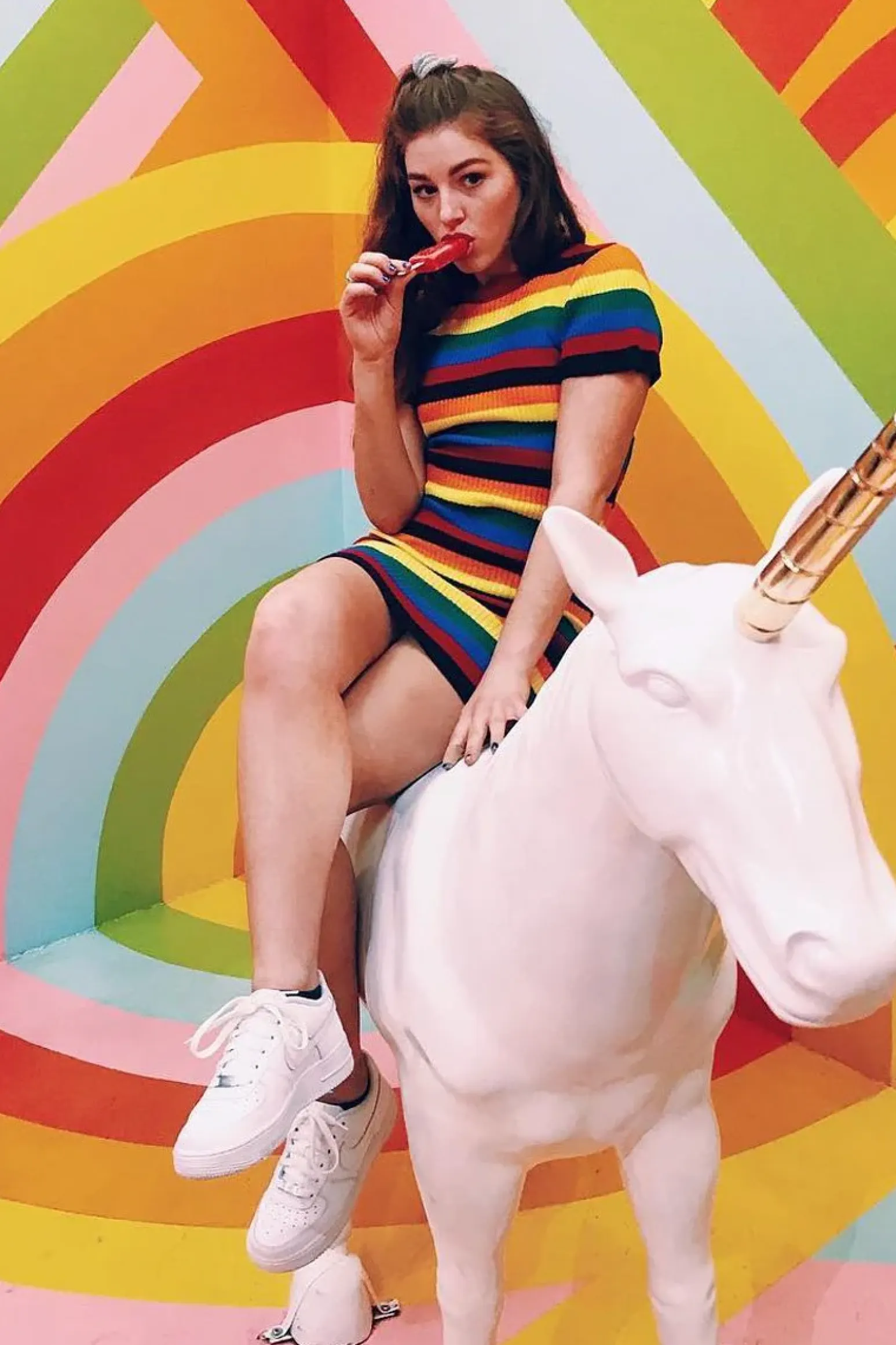 Rebellious Fashion Rainbow Stripe Crew Neck Knitted Dress - Coleen