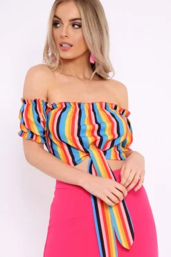 Rebellious Fashion Rainbow Stripe Ruched Bardot Gypsy Crop Top - Katerin