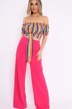 Rebellious Fashion Rainbow Stripe Ruched Bardot Gypsy Crop Top - Katerin