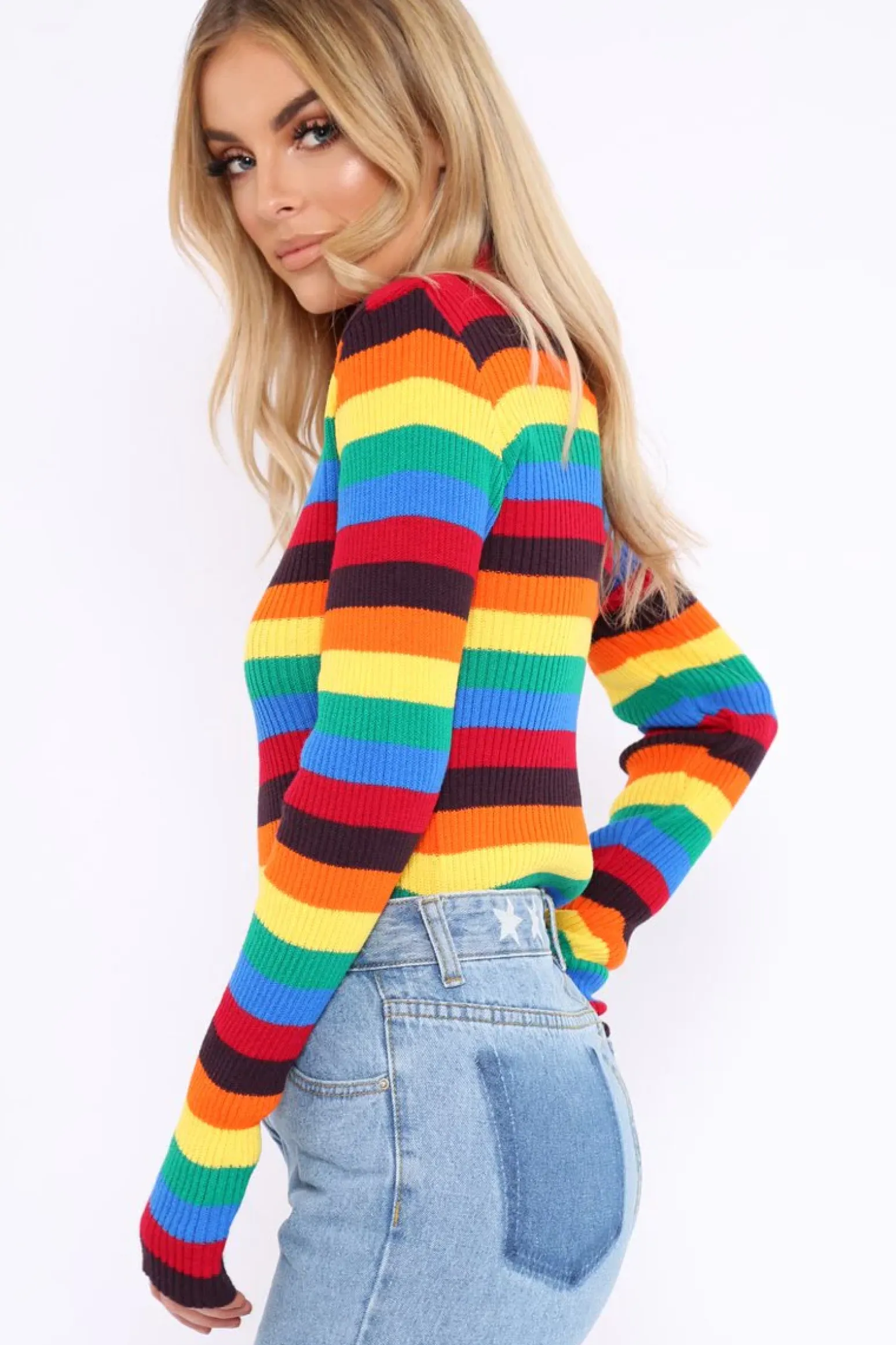Rebellious Fashion Rainbow Stripe Turtleneck Long Sleeve Jumper - Jonie