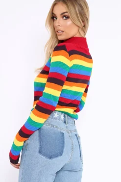 Rebellious Fashion Rainbow Stripe Turtleneck Long Sleeve Jumper - Jonie