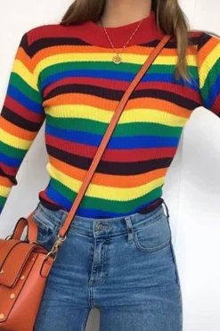 Rebellious Fashion Rainbow Stripe Turtleneck Long Sleeve Jumper - Jonie