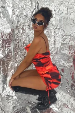 Rebellious Fashion Red Abstract Print Cowl Neck Side Ruched Mini Dress - Vida