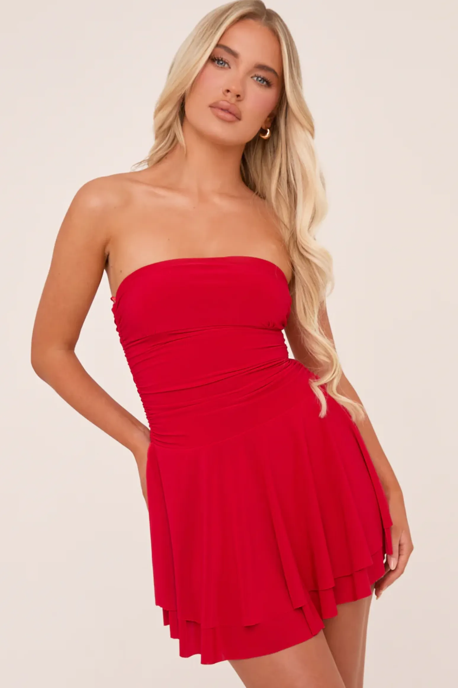 Rebellious Fashion Red Bandeau Ruched Skater Mini Dress - Sifan