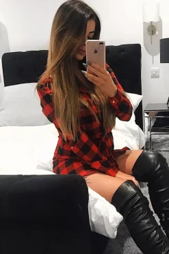 Rebellious Fashion Red Black Check Chiffon Shirt Dress - Elyzah