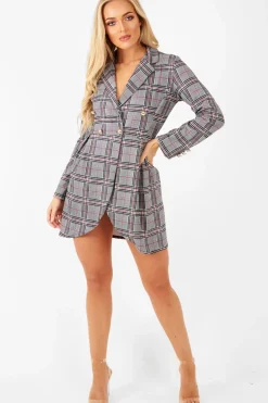 Rebellious Fashion Red Black Check Wrap Blazer Dress - Emry