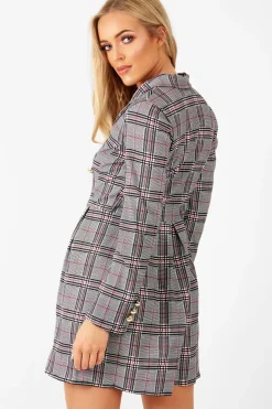 Rebellious Fashion Red Black Check Wrap Blazer Dress - Emry