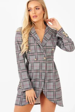 Rebellious Fashion Red Black Check Wrap Blazer Dress - Emry