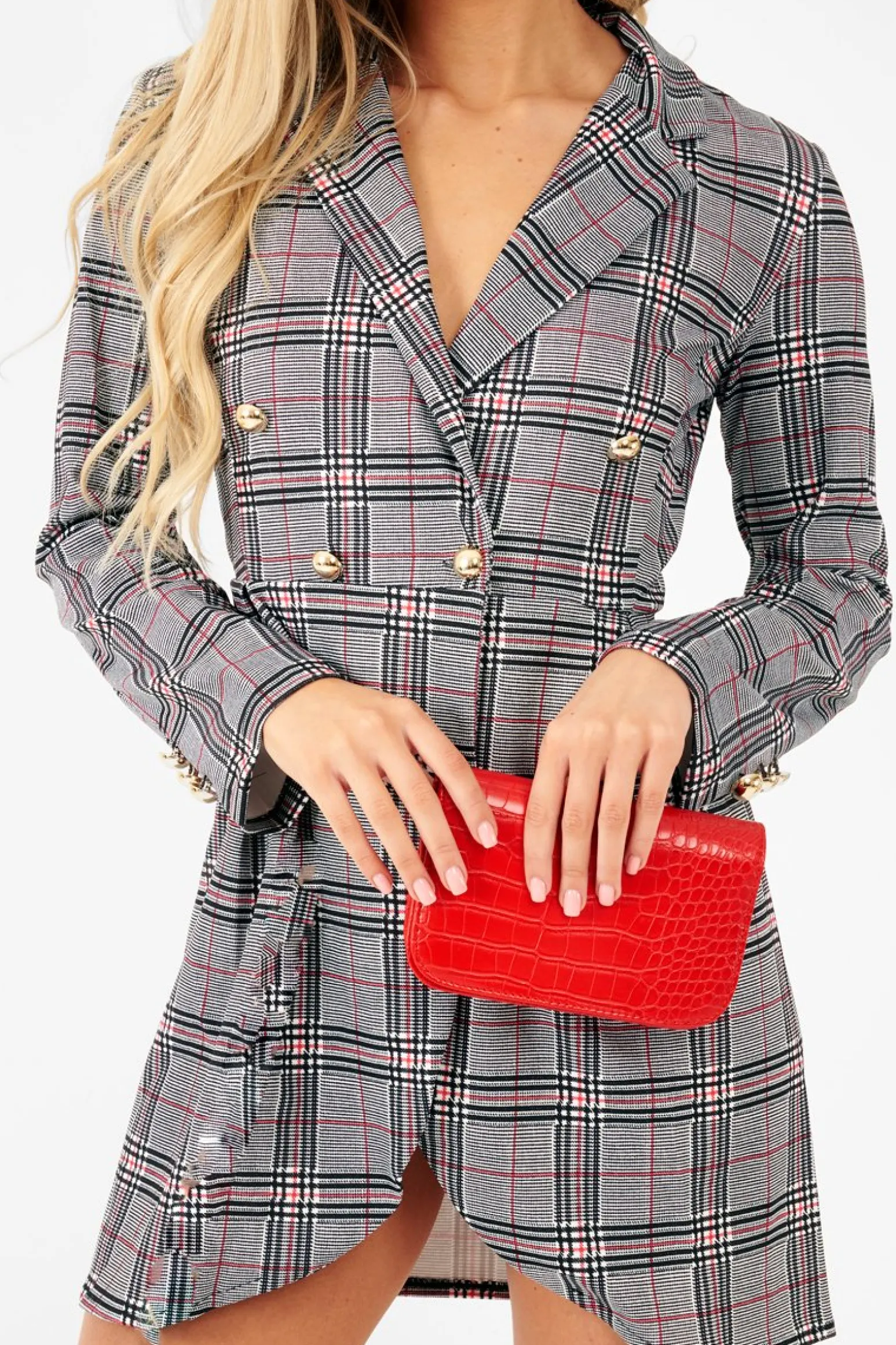 Rebellious Fashion Red Black Check Wrap Blazer Dress - Emry