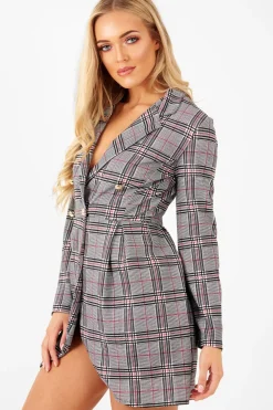 Rebellious Fashion Red Black Check Wrap Blazer Dress - Emry