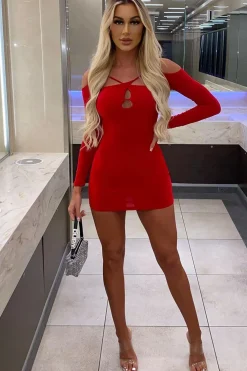 Rebellious Fashion Red Cut Out Shoulders Slinky Mini Dress - Selena