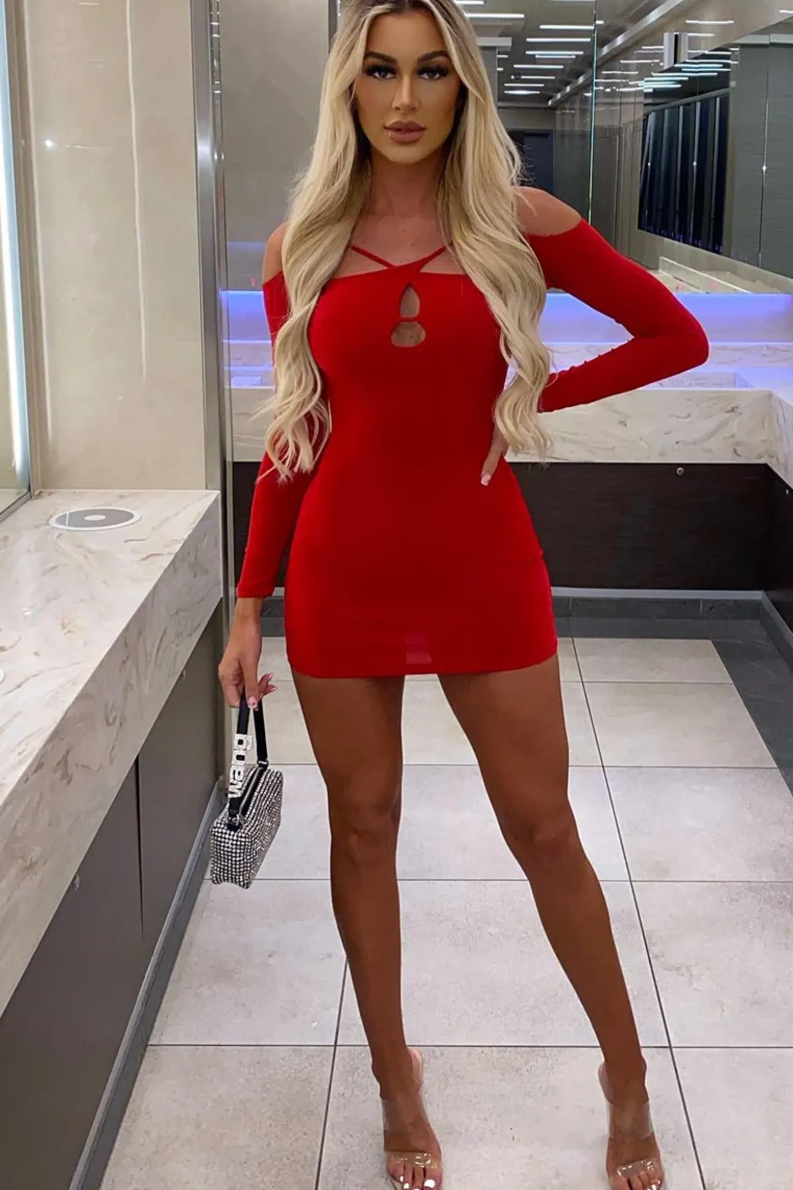 Rebellious Fashion Red Cut Out Shoulders Slinky Mini Dress - Selena