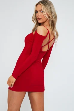 Rebellious Fashion Red Cut Out Shoulders Slinky Mini Dress - Selena