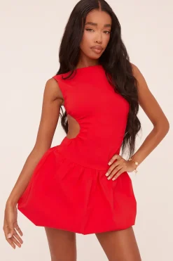 Rebellious Fashion Red Cut Out Side Puffball Mini Dress - Gabrielle