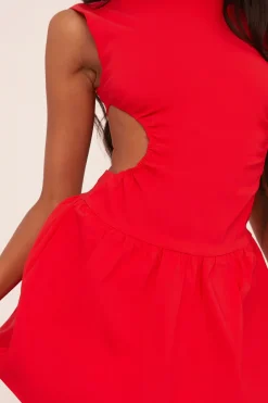Rebellious Fashion Red Cut Out Side Puffball Mini Dress - Gabrielle
