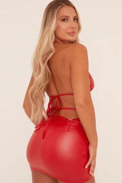Rebellious Fashion Red Faux Leather Halter Tie Detail Mini Dress - Annalina