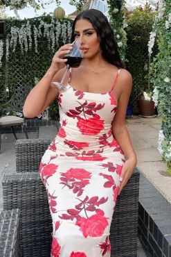 Rebellious Fashion Red Floral Print Bodycon Maxi Dress - Sasha