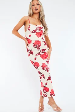 Rebellious Fashion Red Floral Print Bodycon Maxi Dress - Sasha