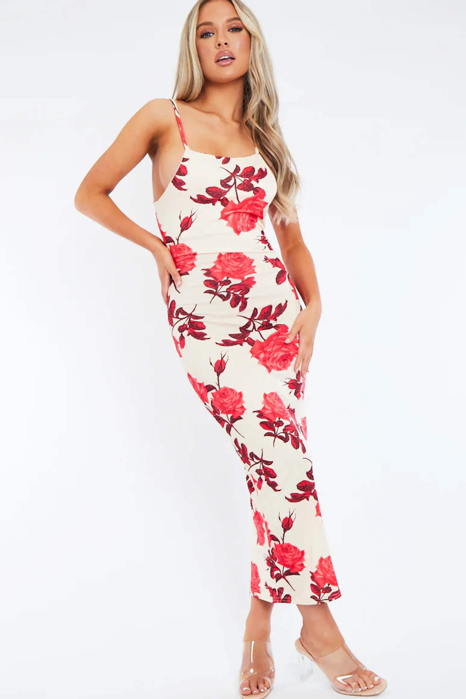 Rebellious Fashion Red Floral Print Bodycon Maxi Dress - Sasha